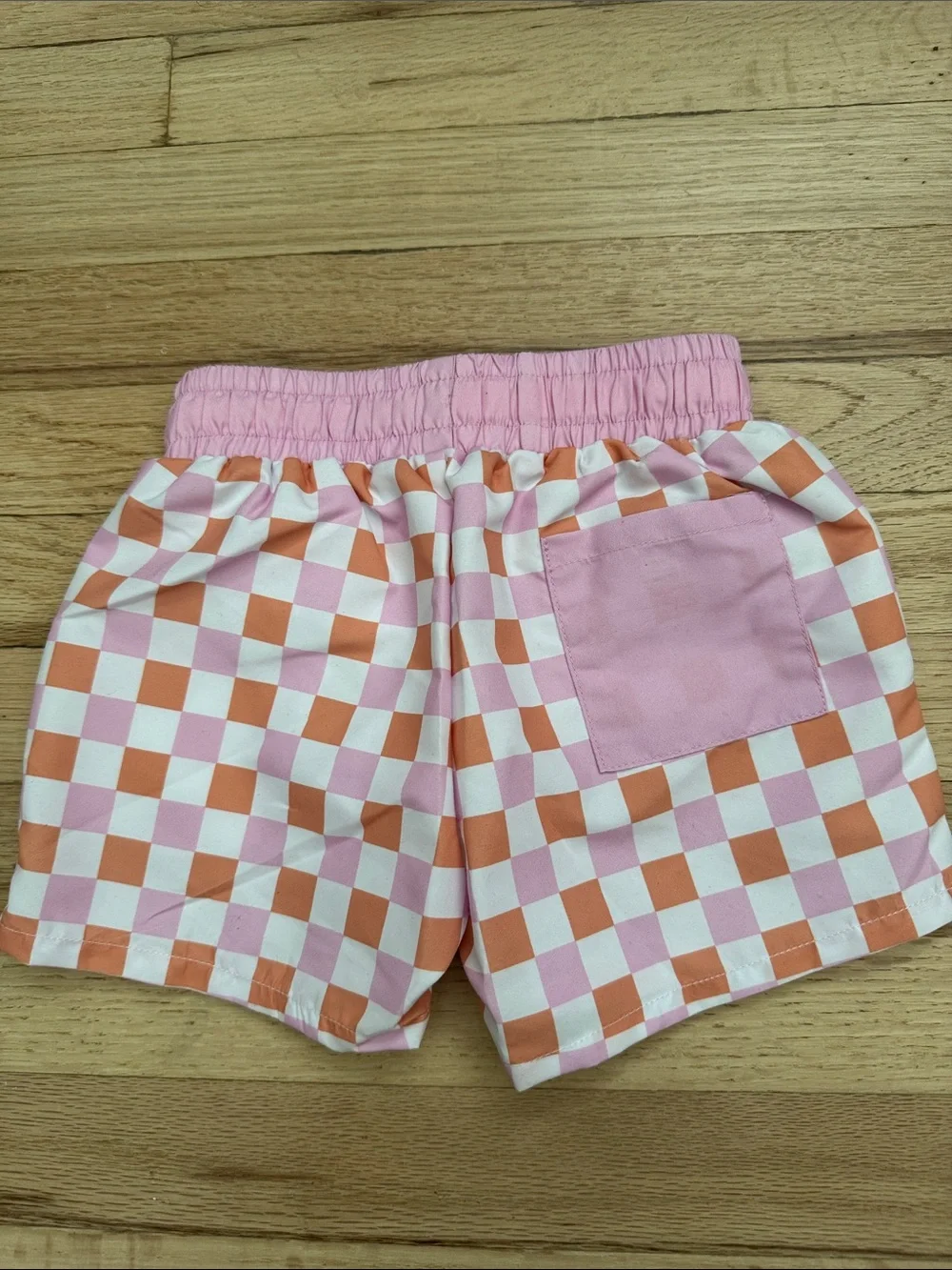NWT Caden Lane Pink and Orange Checkerboard Swim Shorts, 12-18 Months
